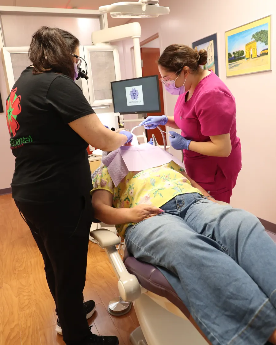 A Wadas Dental treatment room with a dentist and assistant at work